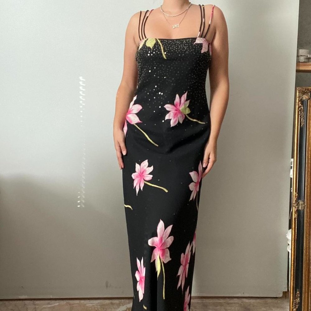 Vintage floral sequin maxi dress with crisscross straps
